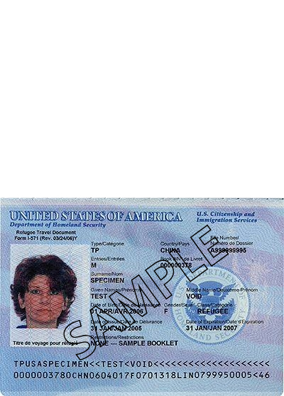 Sample image of a refugee travel document